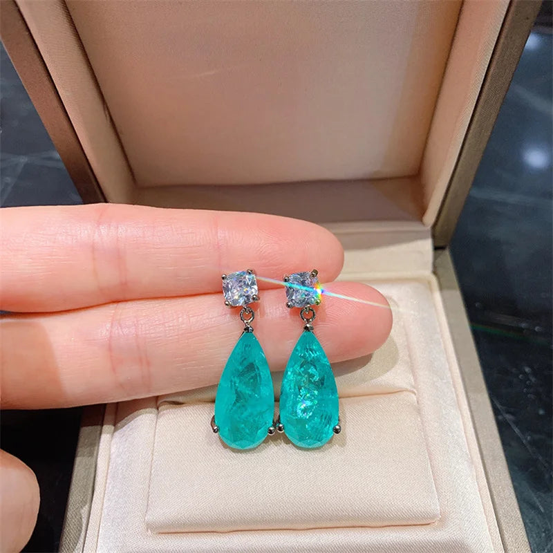 Paraiba Tourmaline Stud Earrings for Women Silver Jewelry Girls Party Gift