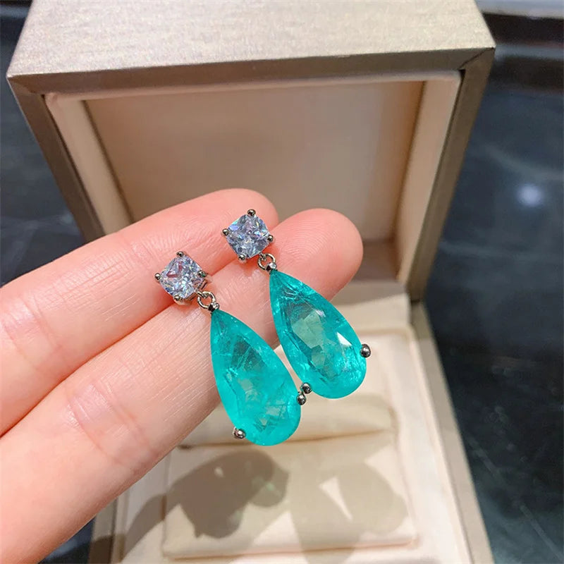 Paraiba Tourmaline Stud Earrings for Women Silver Jewelry Girls Party Gift