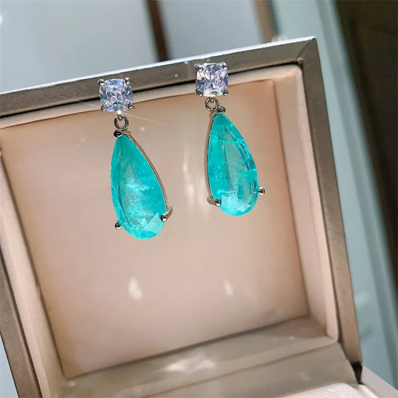Paraiba Tourmaline Stud Earrings for Women Silver Jewelry Girls Party Gift