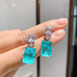 Rectangle Dangle Earrings Paraiba Lab Emerald Tourmaline Silver Wedding Jewelry