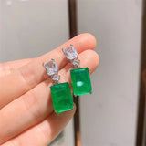 Rectangle Dangle Earrings Paraiba Lab Emerald Tourmaline Silver Wedding Jewelry