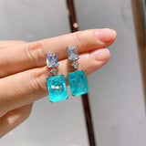Rectangle Dangle Earrings Paraiba Lab Emerald Tourmaline Silver Wedding Jewelry