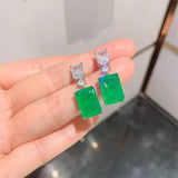 Rectangle Dangle Earrings Paraiba Lab Emerald Tourmaline Silver Wedding Jewelry