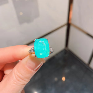 Silver Paraiba Ring Women's Square Tourmaline Stone Love Jewelry
