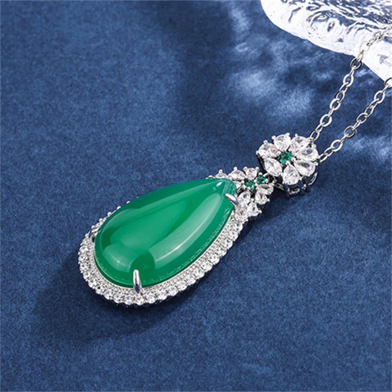 Lab Emerald Tourmaline Silver Necklace Water Drop Wedding Jewelry