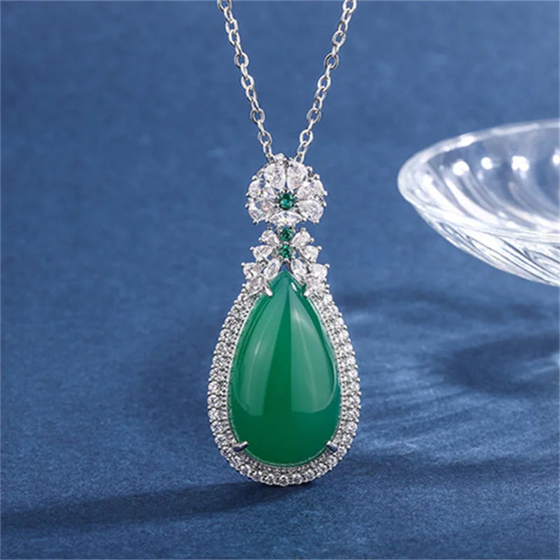 Lab Emerald Tourmaline Silver Necklace Water Drop Wedding Jewelry