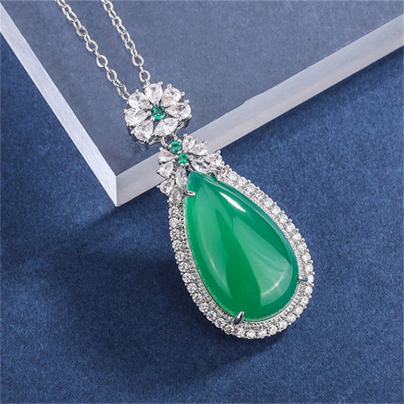 Lab Emerald Tourmaline Silver Necklace Water Drop Wedding Jewelry