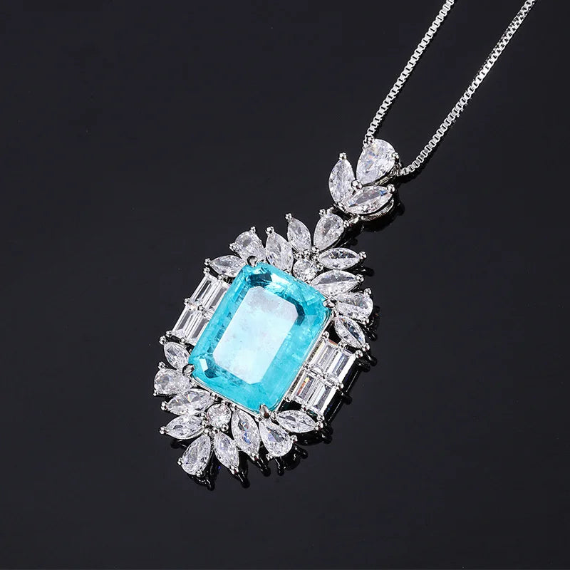 Silver Necklace with Paraiba Lab Emerald Tourmaline Stone Pendant