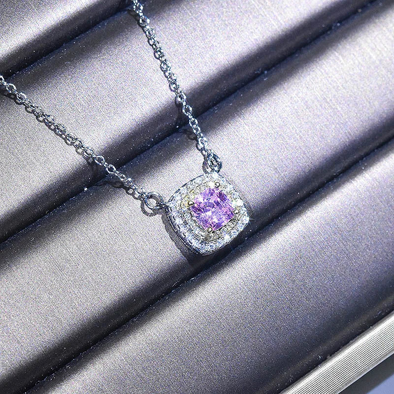 Silver Pendant Necklace Pink Yellow Diamond Square Engagement