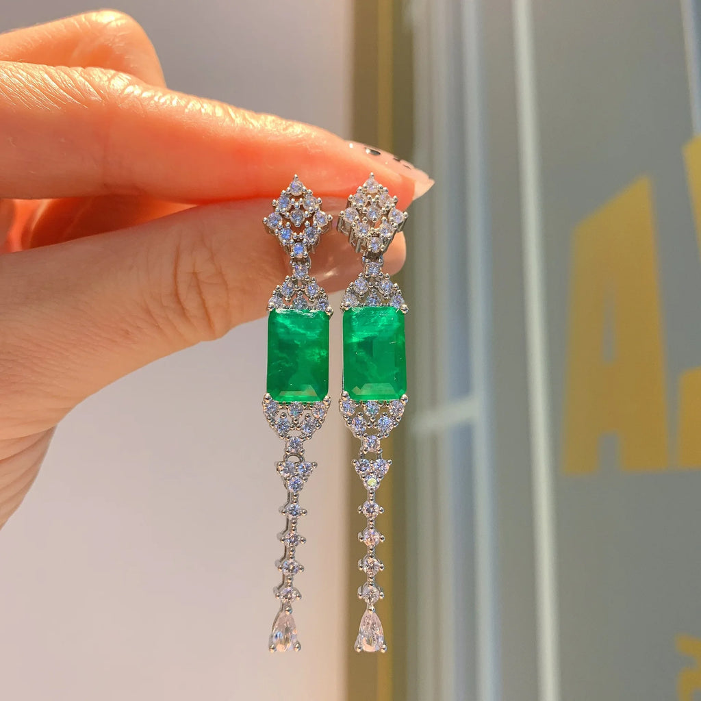 Vintage Silver Paraiba Tourmaline Lab Emerald Stone Drop Earrings