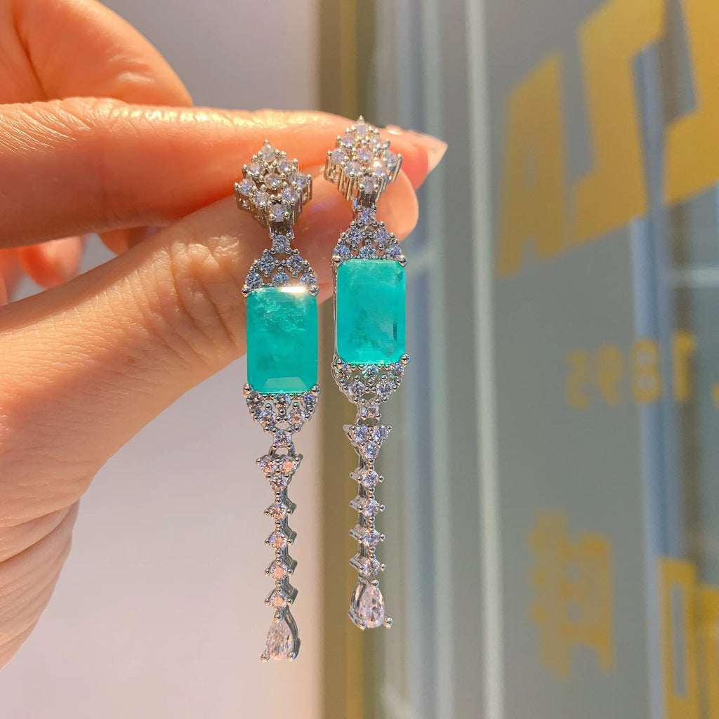 Vintage Silver Paraiba Tourmaline Lab Emerald Stone Drop Earrings