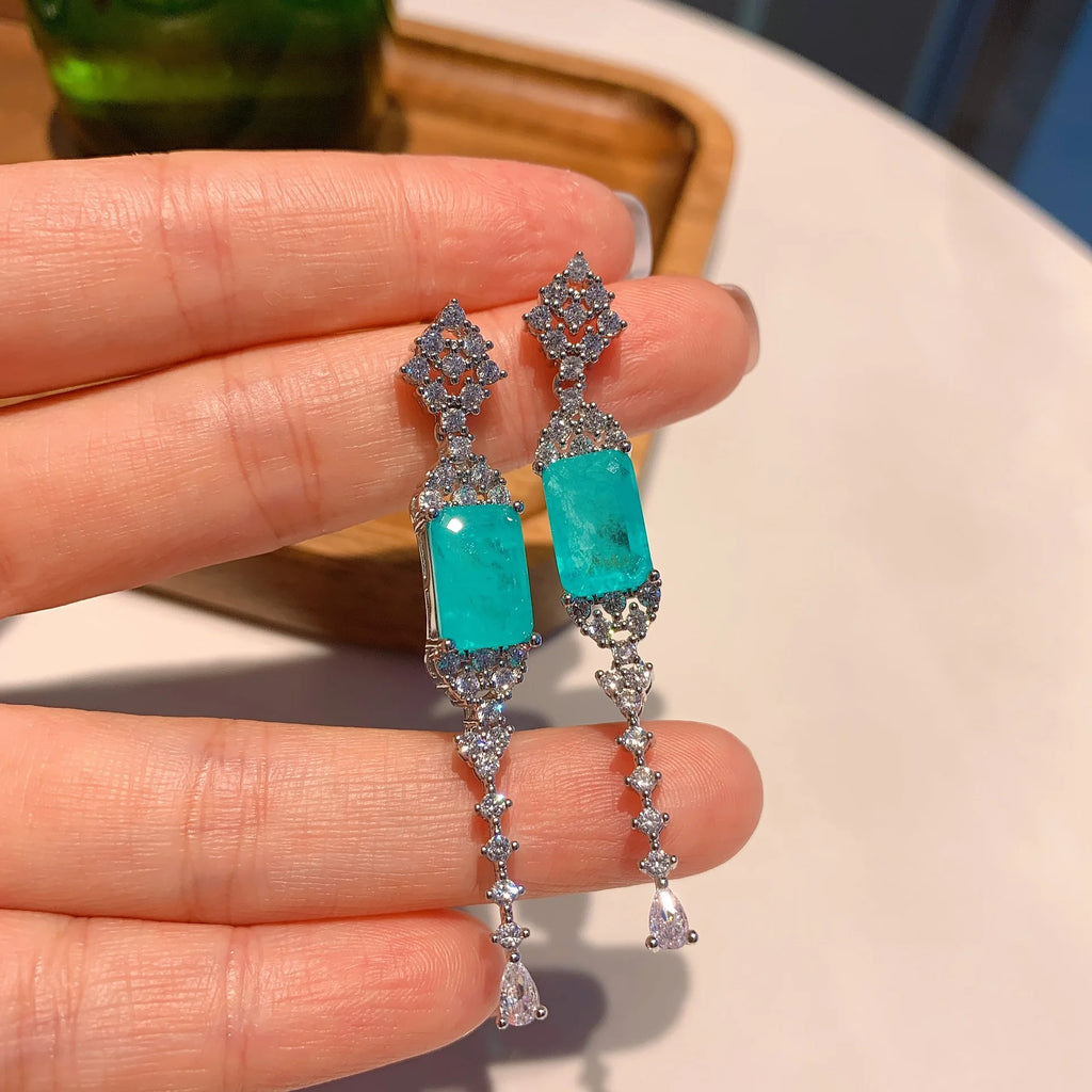 Vintage Silver Paraiba Tourmaline Lab Emerald Stone Drop Earrings