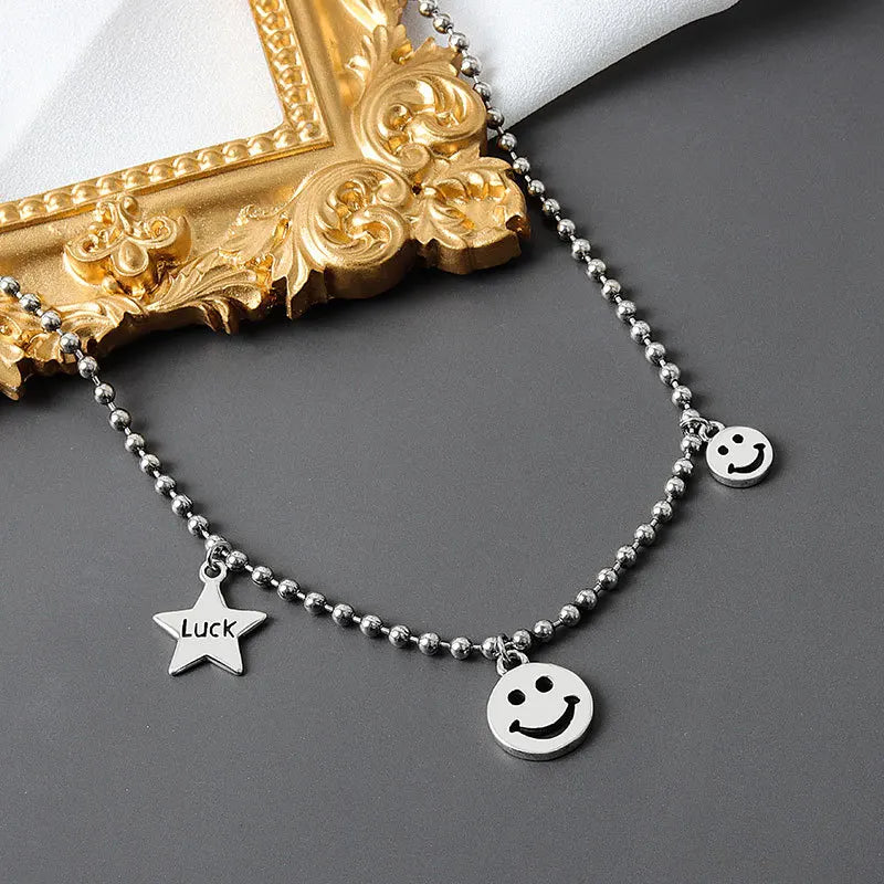 QUEENKISS NC660 925 Silver Star Smiley Pendant Necklace