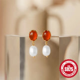 925 Silver Pearl Agate Earrings Retro Jewelry Women