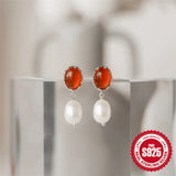 925 Silver Pearl Agate Earrings Retro Jewelry Women
