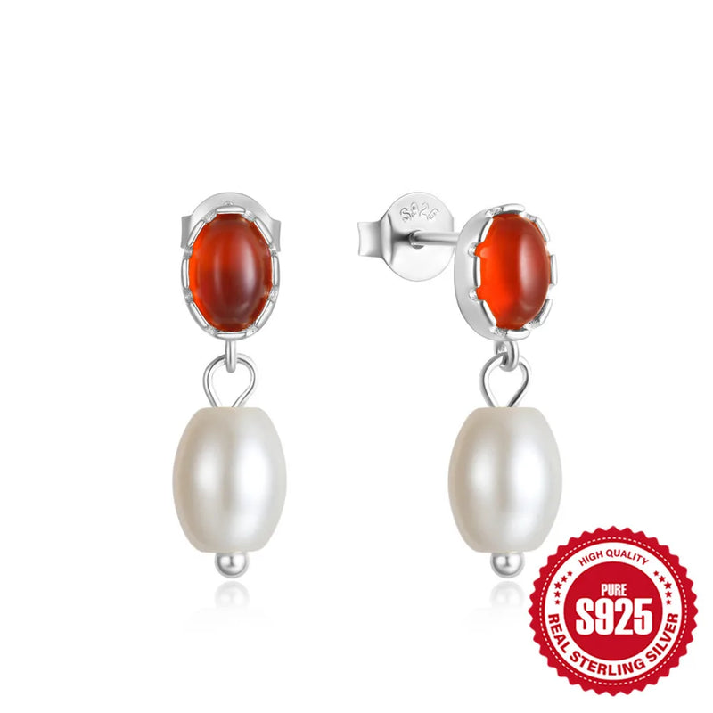 925 Silver Pearl Agate Earrings Retro Jewelry Women