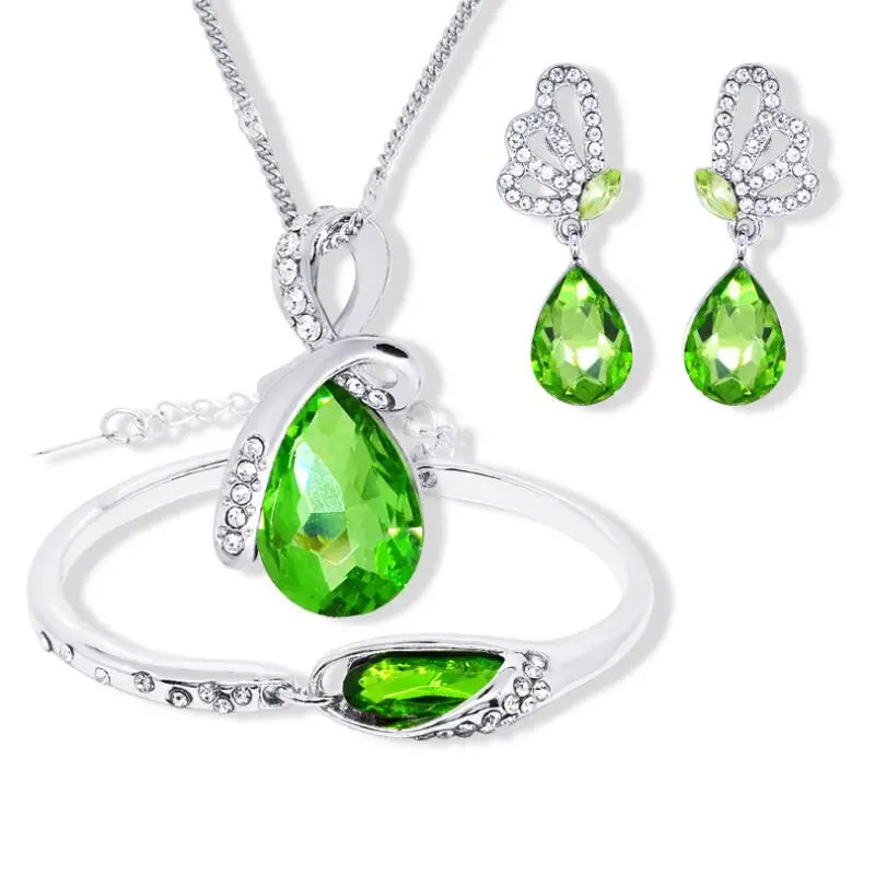 925 Sterling Silver Green Crystal Jewelry Set S092