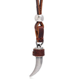 Silver Wolf Tooth Pendant Brown Leather Necklace