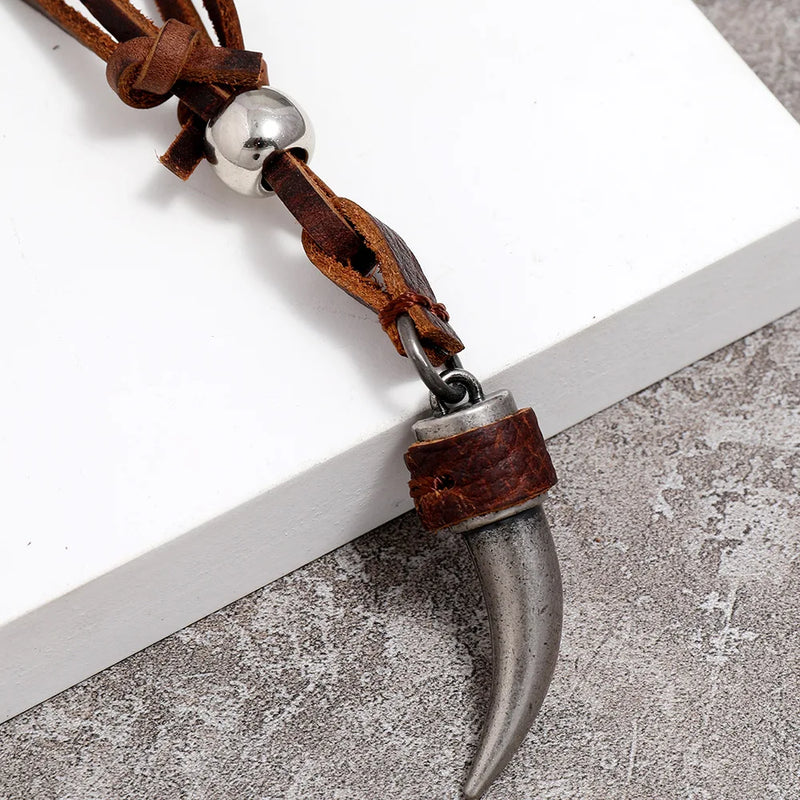 Silver Wolf Tooth Pendant Brown Leather Necklace
