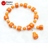Qingmos Orange Coral and Pearl Bracelet 7.5''