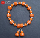 Qingmos Orange Coral and Pearl Bracelet 7.5''