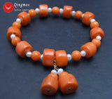 Qingmos Orange Coral and Pearl Bracelet 7.5''
