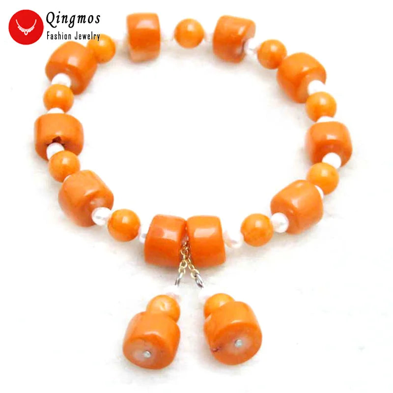 Qingmos 10-11mm Orange Coral Bracelet with Pendant 7.5''