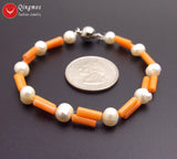 Qingmos 3*9mm Orange Coral Bracelet with 4mm Pearl 2 Strands