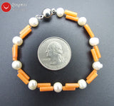 Qingmos 3*9mm Orange Coral Bracelet with 4mm Pearl 2 Strands