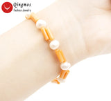 Qingmos 3*9mm Orange Coral Bracelet with 4mm Pearl 2 Strands
