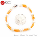 Qingmos 3*9mm Orange Coral Bracelet with 4mm Pearl 2 Strands