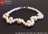 Qingmos 5-6mm Natural Pearl Bracelet with 10-11mm Pink Pearl Weave - 7.5''