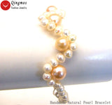 Qingmos 5-6mm Natural Pearl Bracelet with 10-11mm Pink Pearl Weave - 7.5''