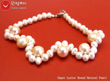 Qingmos 5-6mm Natural Pearl Bracelet with 10-11mm Pink Pearl Weave - 7.5''