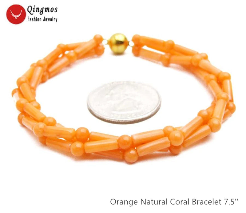 Qingmos Orange Coral Bracelet 3 Strands 7.5"