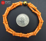 Qingmos Orange Coral Bracelet 3 Strands 7.5"
