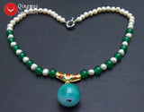 Qingmos Green Jades & Round Pearl Necklace for Women, 20mm Jades Beads Pendant