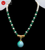 Qingmos Green Jades & Round Pearl Necklace for Women, 20mm Jades Beads Pendant