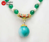 Qingmos Green Jades & Round Pearl Necklace for Women, 20mm Jades Beads Pendant