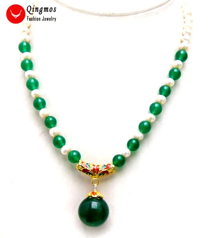 Qingmos Green Jades & Round Pearl Necklace for Women, 20mm Jades Beads Pendant