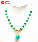 Qingmos Green Jades & Round Pearl Necklace for Women, 20mm Jades Beads Pendant