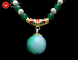 Qingmos Green Jades & Round Pearl Necklace for Women, 20mm Jades Beads Pendant