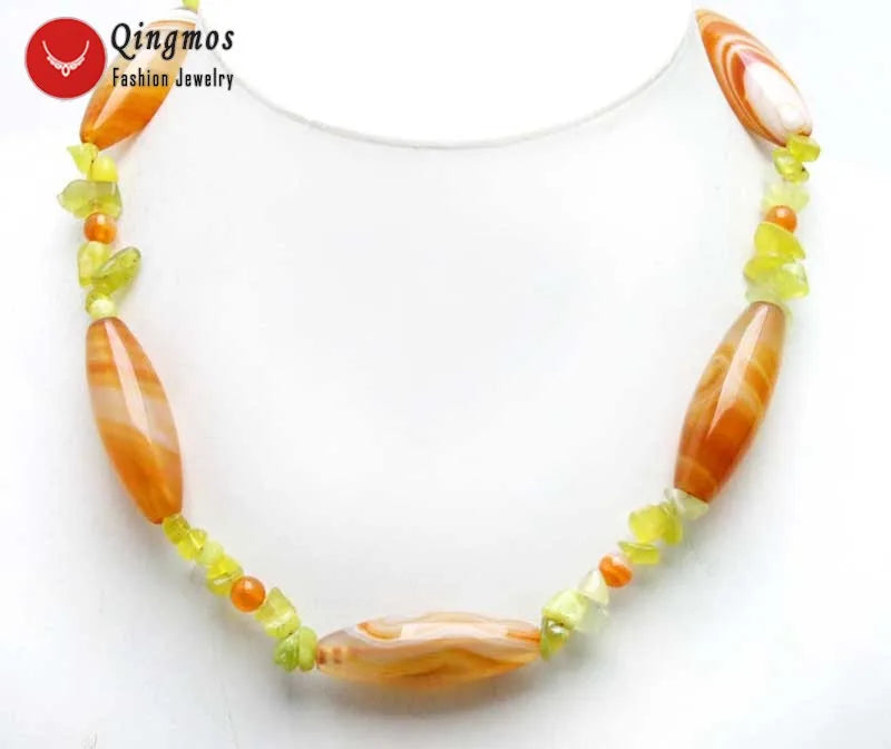 Qingmos Red Olivary Agate & Green Peridot Choker Necklace Set