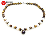 Qingmos 12mm Yellow Tiger's-eye Pendant Necklace for Women