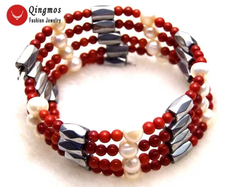 Qingmos Natural Coral Bracelet Pink Coral & Hematite Magnetic Necklace 29''