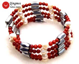 Qingmos Red Coral & Hematite Magnetic Bracelet Necklace Set
