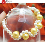 Qingmos Natural Pearl Bracelet Yellow Freshwater Pearl Weaving Bracelet