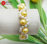 Qingmos Natural Pearl Bracelet Yellow Freshwater Pearl Weaving Bracelet