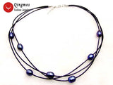 Qingmos Pearl Pendant Necklace Leather 3 Strands Chokers Necklace