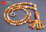 Qingmos Red Agates Pendant Necklace with Orange Beads 22''
